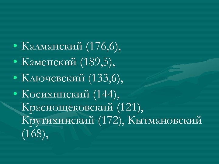  • Калманский (176, 6), • Каменский (189, 5), • Ключевский (133, 6), •