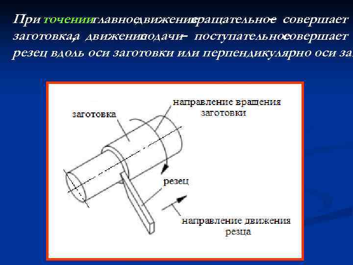 При точенииглавноедвижение вращательное совершает – заготовка, а движение подачи– поступательное совершает резец вдоль оси