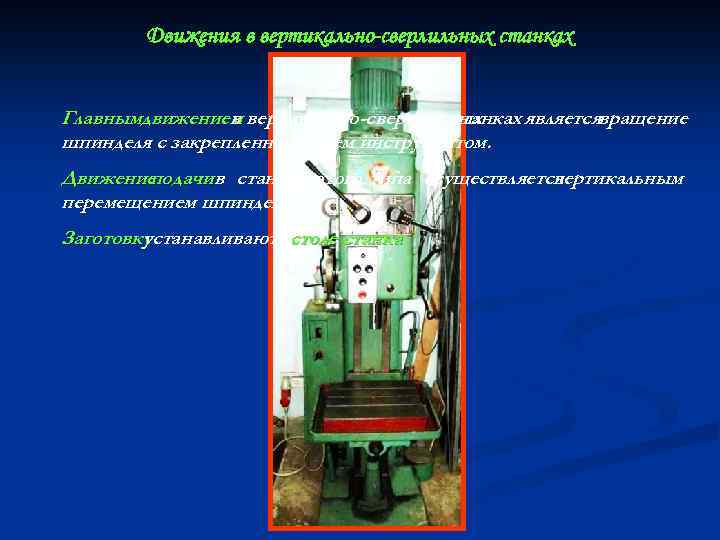 Движения в вертикально-сверлильных станках Главнымдвижением вертикально-сверлильных в станках являетсявращение шпинделя с закрепленным в нем
