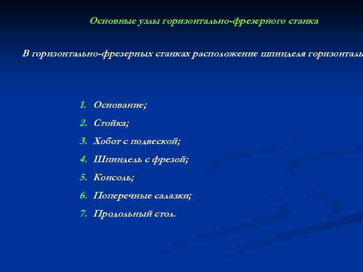 Основные узлы горизонтально-фрезерного станка В горизонтально-фрезерных станках расположение шпинделя горизонталь 1. Основание; 2. Стойка;