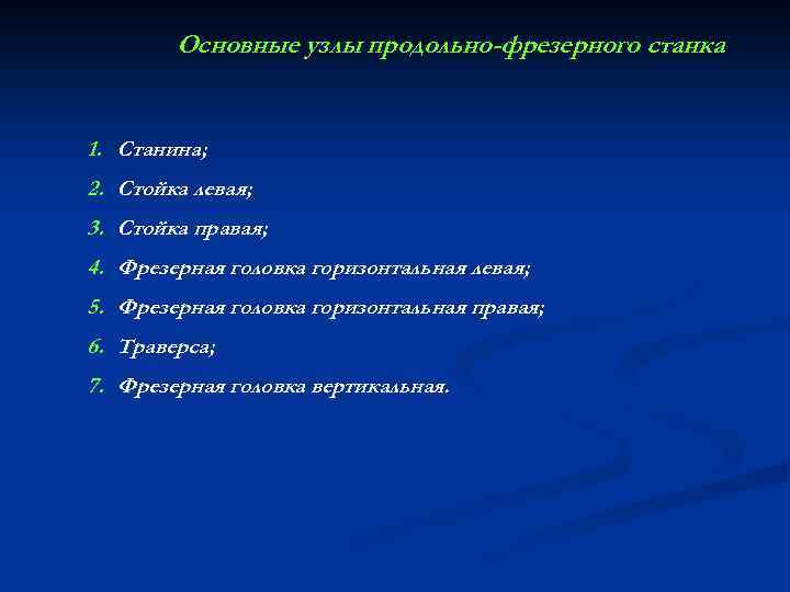 Основные узлы продольно-фрезерного станка 1. Станина; 2. Стойка левая; 3. Стойка правая; 4. Фрезерная