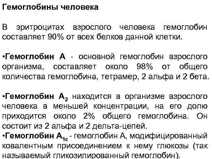 Гемоглобины человека В эритроцитах взрослого человека гемоглобин составляет 90% от всех белков данной клетки.
