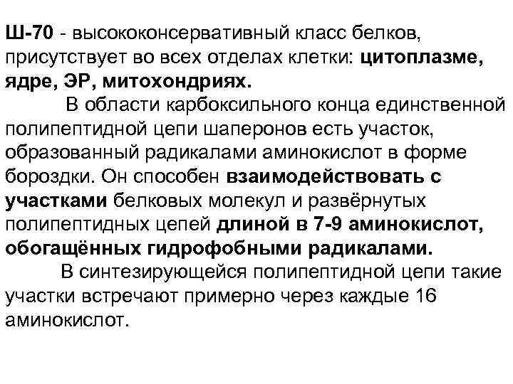 Ш-70 - высококонсервативный класс белков, присутствует во всех отделах клетки: цитоплазме, ядре, ЭР, митохондриях.