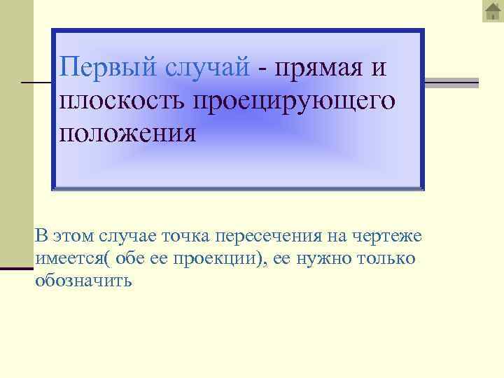 Первый cлучай - прямая и плоскость проецирующего положения В этом случае точка пересечения на