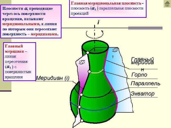 Плоскость проходящая через ось. Мерионедьная плоскость. Меридианом поверхности вращения называют:. Плоскость проходит через ось. Плоскость, проходящая через ось поверхности вращения, называется.