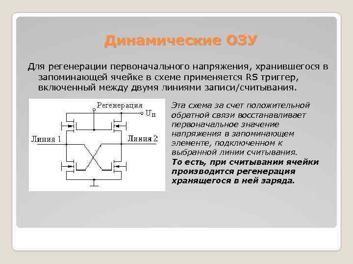 Динамические ОЗУ Для регенерации первоначального напряжения, хранившегося в запоминающей ячейке в схеме применяется RS