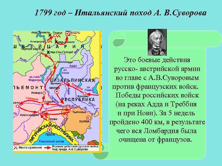 1799 год – Итальянский поход А. В. Суворова Это боевые действия русско- австрийской армии