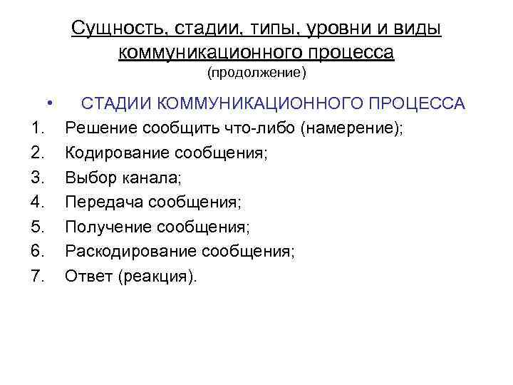 Сущность, стадии, типы, уровни и виды коммуникационного процесса (продолжение) • 1. 2. 3. 4.