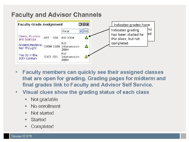 Faculty and Advisor Channels Indicates grades have been completed Indicates grading for this class,