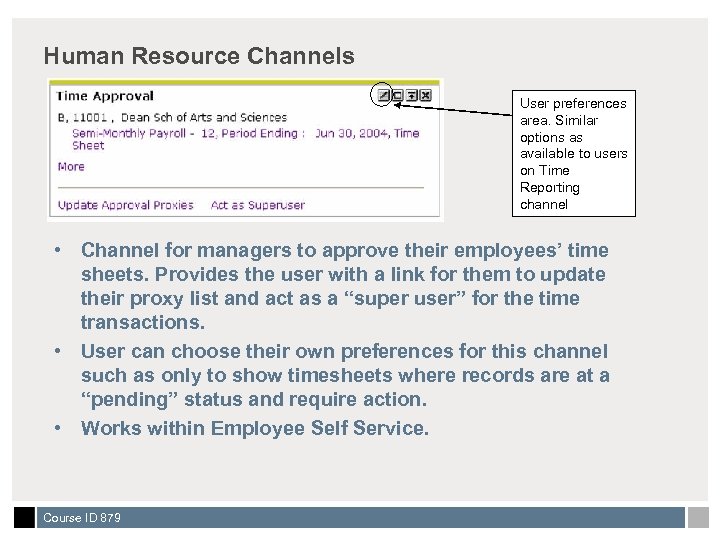 Human Resource Channels User preferences area. Similar options as available to users on Time