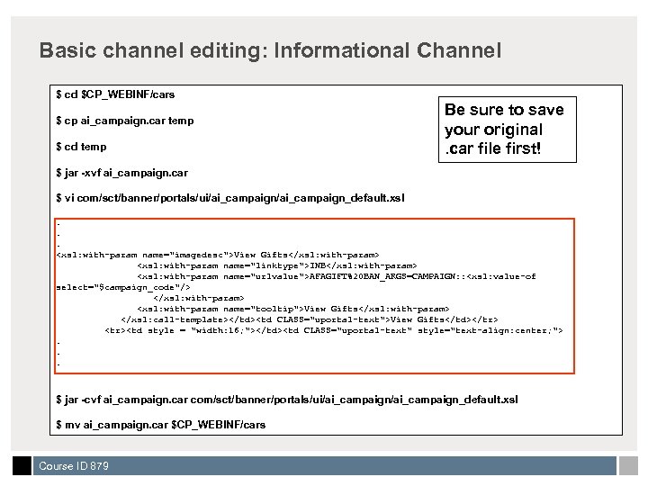 Basic channel editing: Informational Channel $ cd $CP_WEBINF/cars $ cp ai_campaign. car temp $