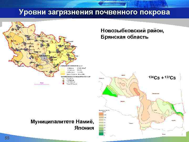 Уровни загрязнения почвенного покрова Новозыбковский район, Брянская область 134 Cs + 137 Cs Муниципалитете