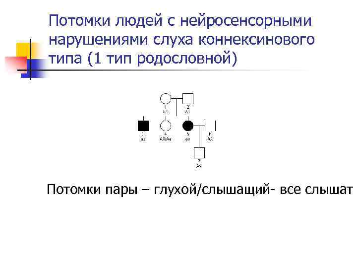 Потомки людей с нейросенсорными нарушениями слуха коннексинового типа (1 тип родословной) Потомки пары –