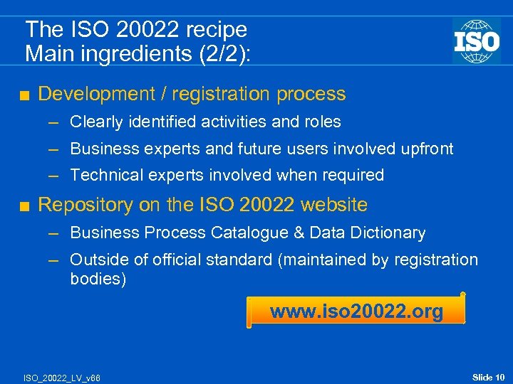 The ISO 20022 recipe Main ingredients (2/2): < Development / registration process – Clearly