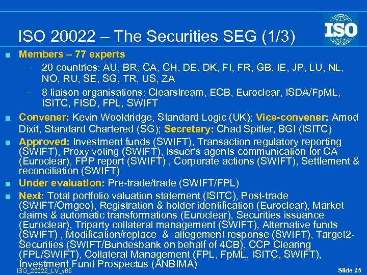 ISO 20022 – The Securities SEG (1/3) < < < Members – 77 experts