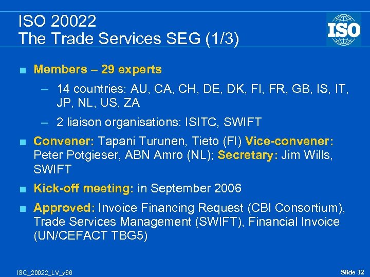ISO 20022 The Trade Services SEG (1/3) < Members – 29 experts – 14