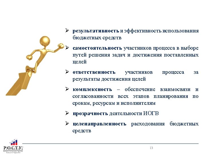 ПРИНЦИПЫ ПРОГРАММНО-ЦЕЛЕВОГО ПЛАНИРОВАНИЯ результативность и эффективность использования бюджетных средств самостоятельность участников процесса в выборе