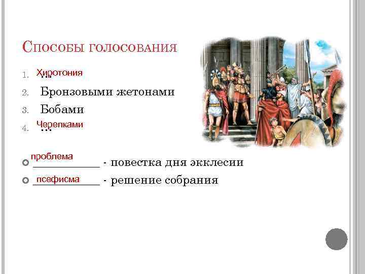 СПОСОБЫ ГОЛОСОВАНИЯ 1. Хиротония … 2. 3. 4. Бронзовыми жетонами Бобами Черепками … проблема
