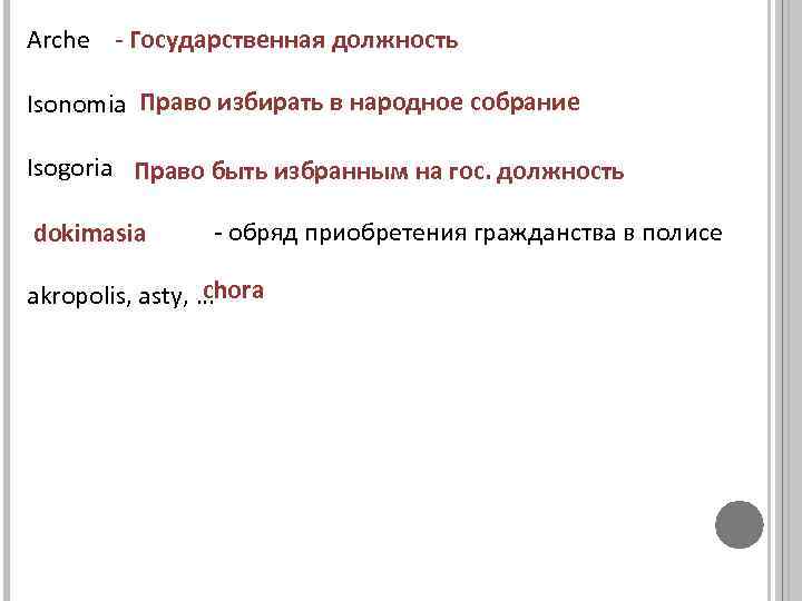 Arche - Государственная должность Isonomia Право избирать в народное собрание Isogoria Право быть избранным