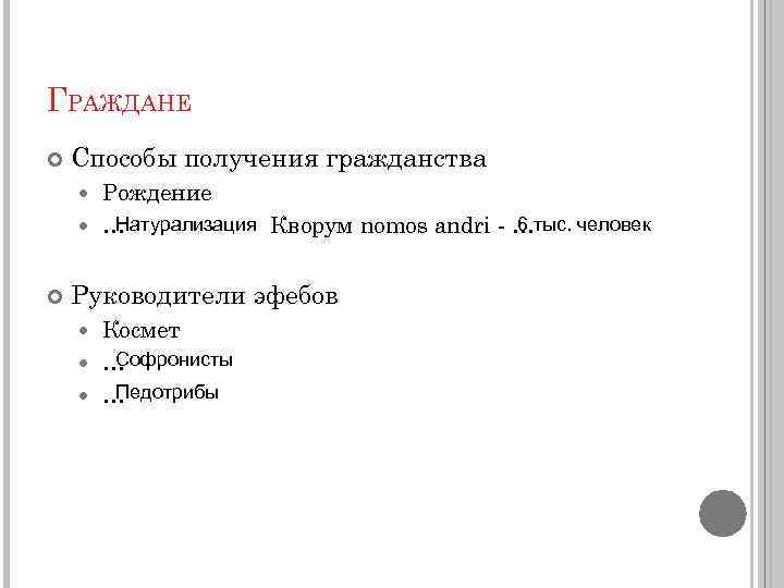 ГРАЖДАНЕ Способы получения гражданства Рождение Натурализация Кворум nomos andri - …тыс. человек 6 …