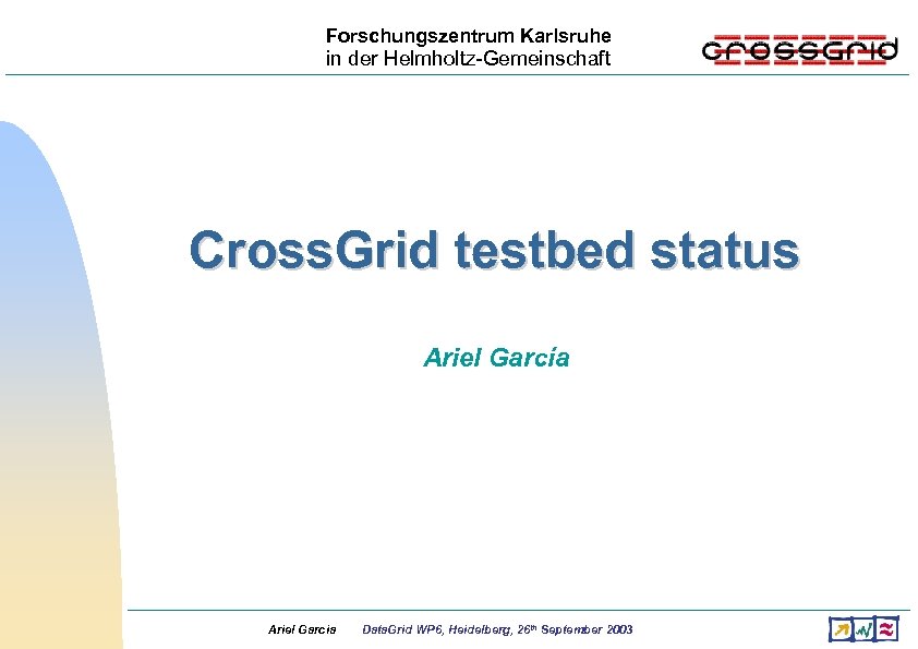 Forschungszentrum Karlsruhe in der Helmholtz-Gemeinschaft Cross. Grid testbed status Ariel García Ariel Garcia Data.