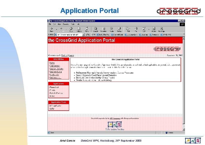 Application Portal Ariel Garcia Data. Grid WP 6, Heidelberg, 26 th September 2003 