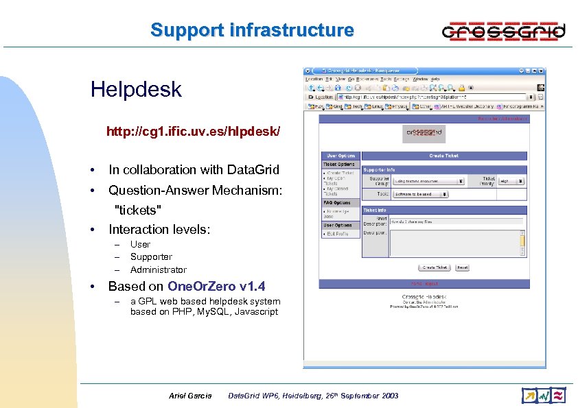 Support infrastructure Helpdesk http: //cg 1. ific. uv. es/hlpdesk/ • In collaboration with Data.