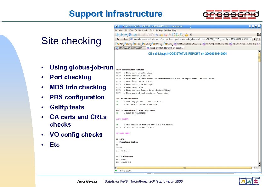 Support infrastructure Site checking • Using globus-job-run • Port checking • MDS info checking