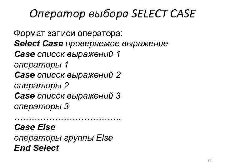 Оператор выбора SELECT CASE Формат записи оператора: Select Case проверяемое выражение Case список выражений