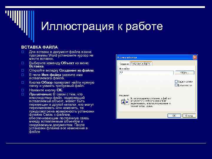 Иллюстрация к работе ВСТАВКА ФАЙЛА o o o o Для вставки в документ файла