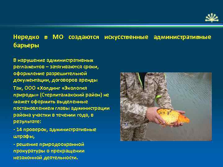 Нередко в МО создаются искусственные административные барьеры В нарушение административных регламентов – затягиваются сроки,