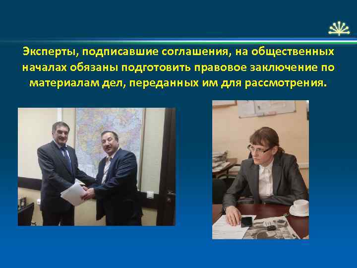 Эксперты, подписавшие соглашения, на общественных началах обязаны подготовить правовое заключение по материалам дел, переданных