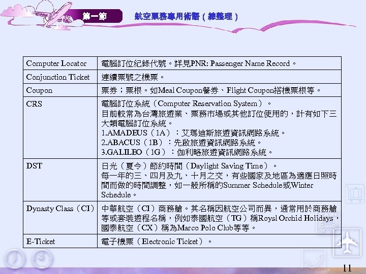 第一節 航空票務專用術語（總整理） Computer Locator 電腦訂位紀錄代號。詳見PNR: Passenger Name Record。 Conjunction Ticket 連續票號之機票。 Coupon 票券；票根。如Meal Coupon餐券、Flight