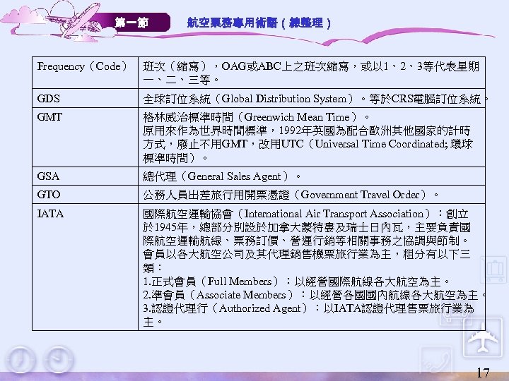 第一節 航空票務專用術語（總整理） Frequency（Code） 班次（縮寫），OAG或ABC上之班次縮寫，或以 1、2、3等代表星期 一、二、三等。 GDS 全球訂位系統（Global Distribution System）。等於CRS電腦訂位系統。 GMT 格林威治標準時間（Greenwich Mean Time）。