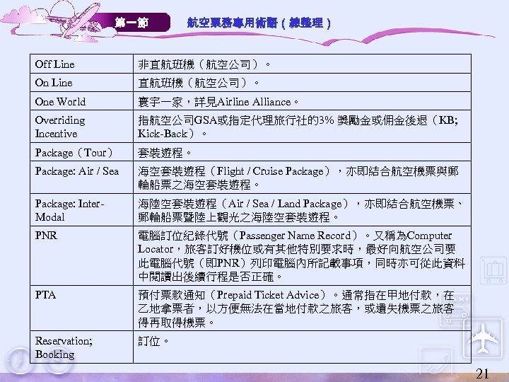 第一節 航空票務專用術語（總整理） Off Line 非直航班機（航空公司）。 On Line 直航班機（航空公司）。 One World 寰宇一家，詳見Airline Alliance。 Overriding Incentive