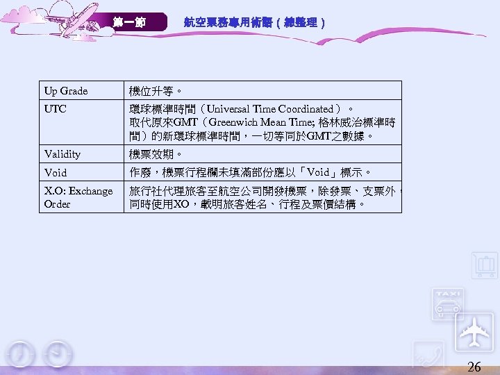 第一節 航空票務專用術語（總整理） Up Grade 機位升等。 UTC 環球標準時間（Universal Time Coordinated）。 取代原來GMT（Greenwich Mean Time; 格林威治標準時 間）的新環球標準時間，一切等同於GMT之數據。