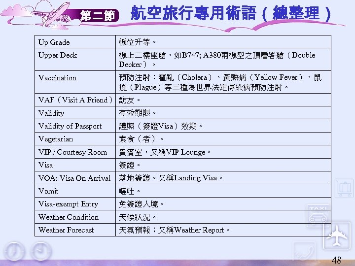 第二節 航空旅行專用術語（總整理） Up Grade 機位升等。 Upper Deck 機上二樓座艙，如B 747; A 380兩機型之頂層客艙（Double Decker）。 Vaccination 預防注射：霍亂（Cholera）、黃熱病（Yellow