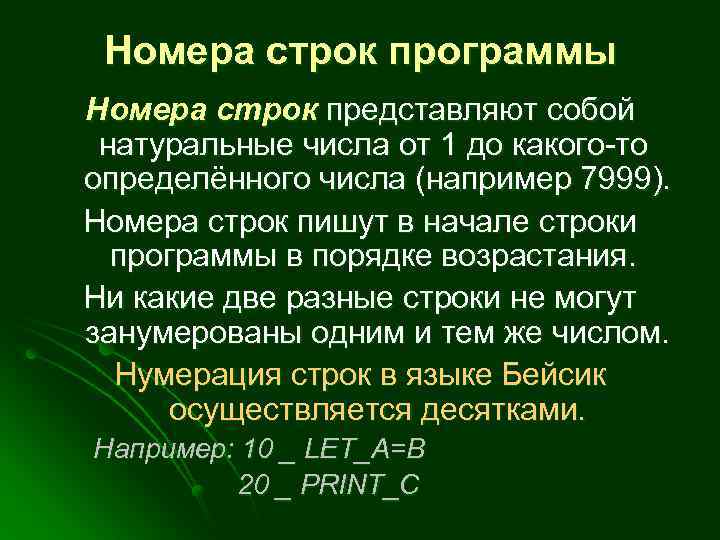 Номера строк программы Номера строк представляют собой натуральные числа от 1 до какого-то определённого