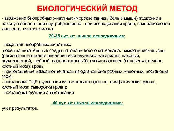 БИОЛОГИЧЕСКИЙ МЕТОД - заражение биопробных животных (морские свинки, белые мыши) подкожно в паховую область