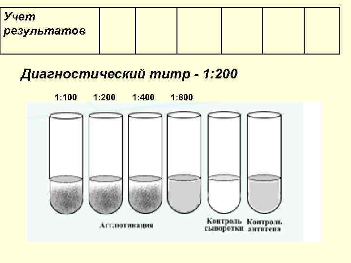 Учет результатов Диагностический титр - 1: 200 1: 100 1: 200 1: 400 1: