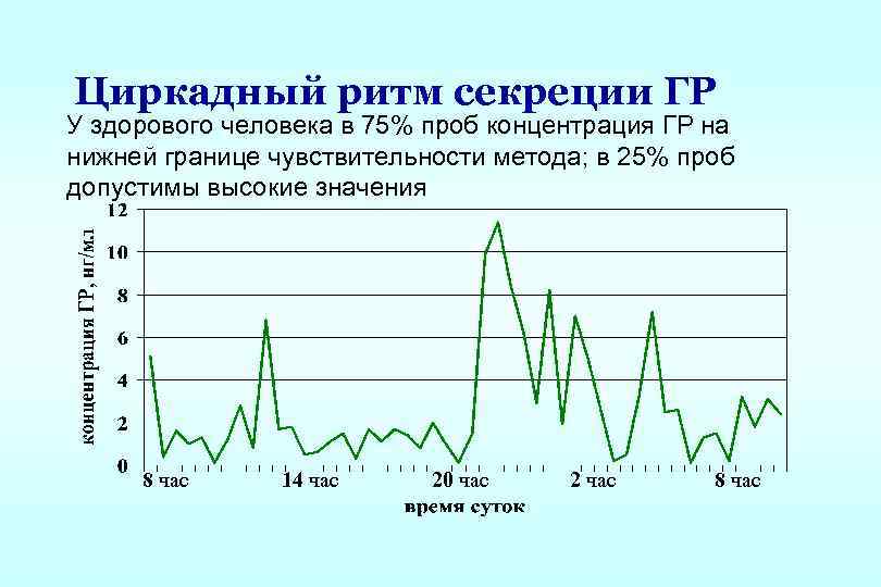 Циркадный ритм секреции ГР У здорового человека в 75% проб концентрация ГР на нижней