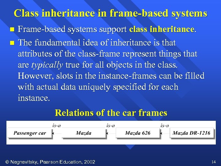 Class inheritance in frame-based systems Frame-based systems support class inheritance. n The fundamental idea