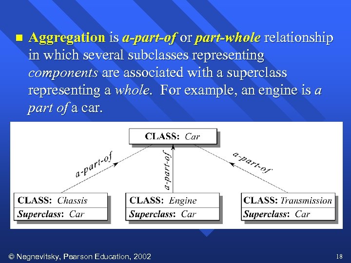 n Aggregation is a-part-of or part-whole relationship in which several subclasses representing components are