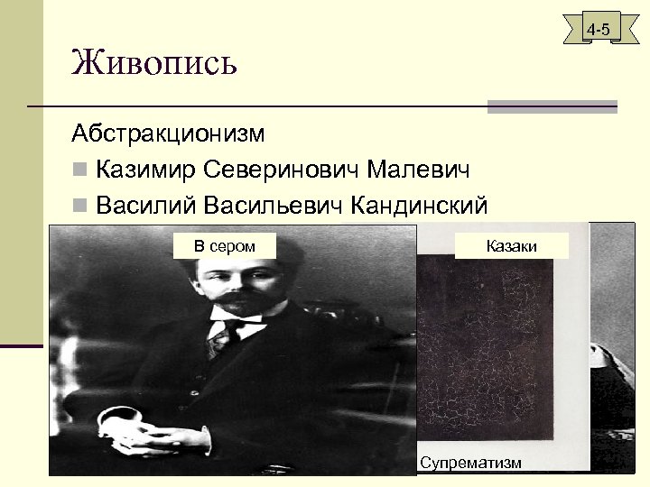 4 -5 Живопись Абстракционизм n Казимир Северинович Малевич n Василий Васильевич Кандинский Чёрный квадрат
