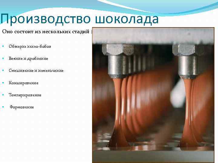 Производство шоколада Оно состоит из нескольких стадий : § Обжарка какао-бобов § Веяние и