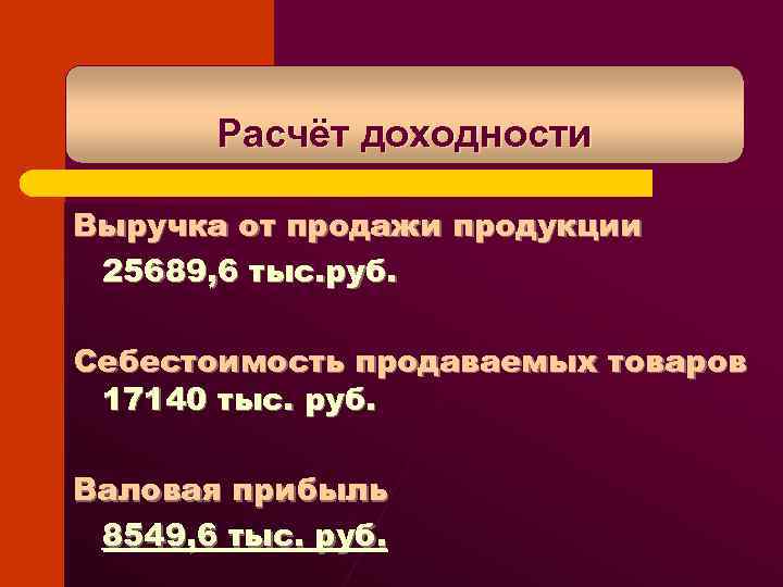 Расчёт доходности Выручка от продажи продукции 25689, 6 тыс. руб. Себестоимость продаваемых товаров 17140