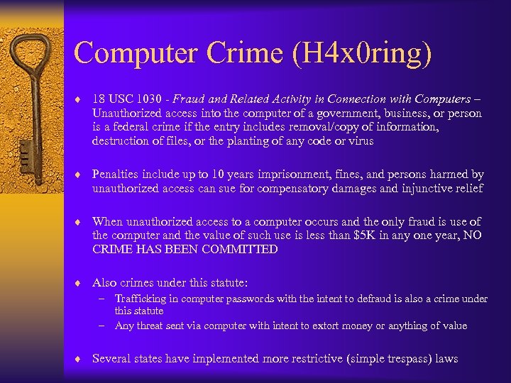 Computer Crime (H 4 x 0 ring) ¨ 18 USC 1030 - Fraud and