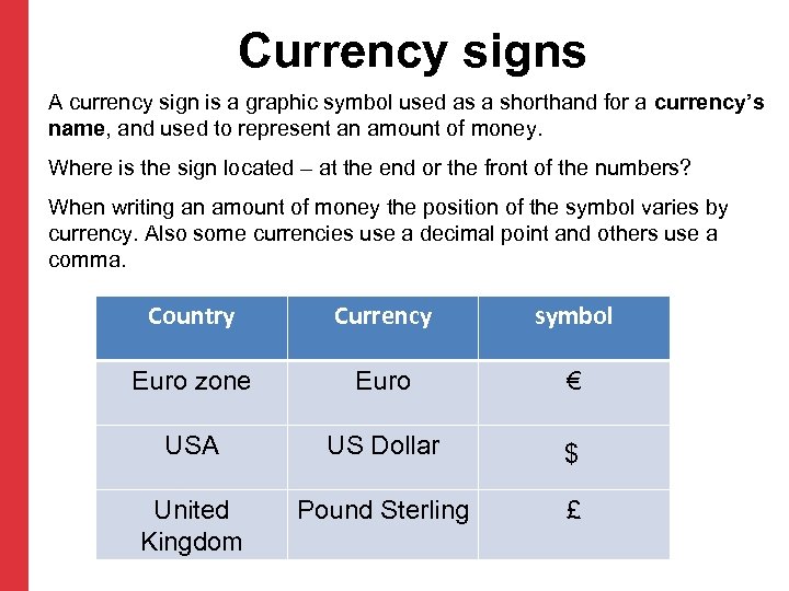 Currency signs A currency sign is a graphic symbol used as a shorthand for