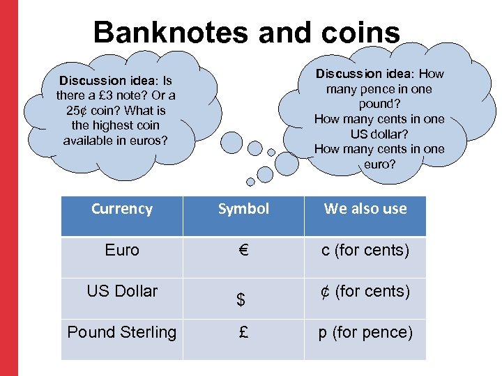 Banknotes and coins Discussion idea: How many pence in one pound? How many cents