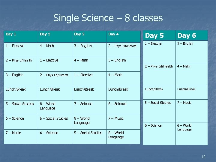 Single Science – 8 classes Day 2 Day 3 Day 4 1 – Elective